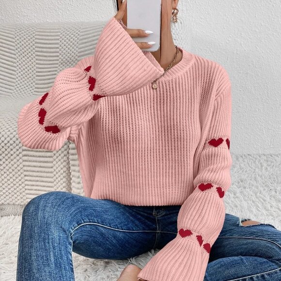 Pink Preppy Womens Heart Pattern Flounce Sleeve Sweater - Picture 1 of 5